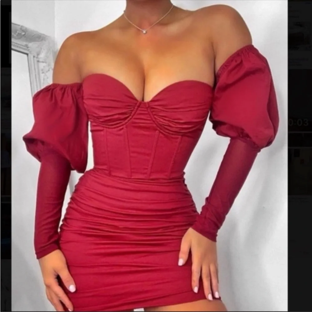 Oh Polly Can’t Get Enough Bardot Puff Sleeve Mini Ruched Dress Red Maroon 2 XS - Picture 3 of 9